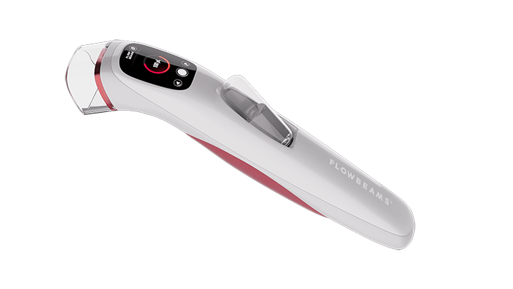 A sleek, modern medical device named BoldJet by FlowBeams, designed for needle-free injections, featuring a user interface and a transparent nozzle.