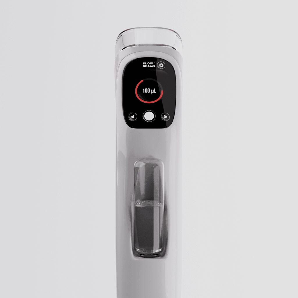 A close-up view of the FlowBeams BoldJet device, showcasing its sleek design and digital interface displaying a measurement of 100 µL.