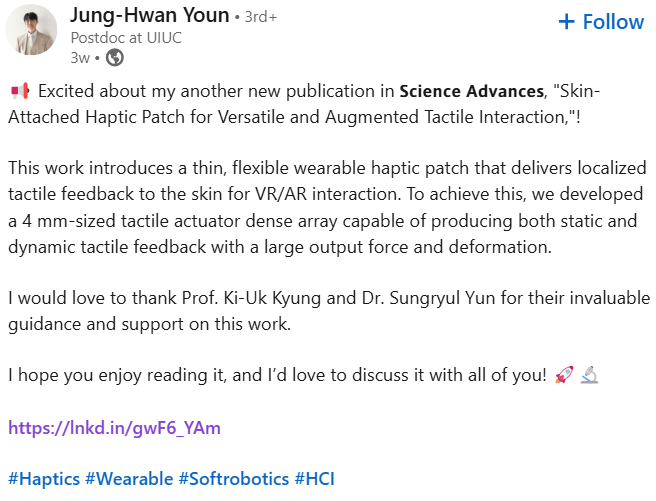 A researcher expresses excitement about a new publication on a wearable haptic patch for virtual and augmented reality interaction, highlighting its features and capabilities.