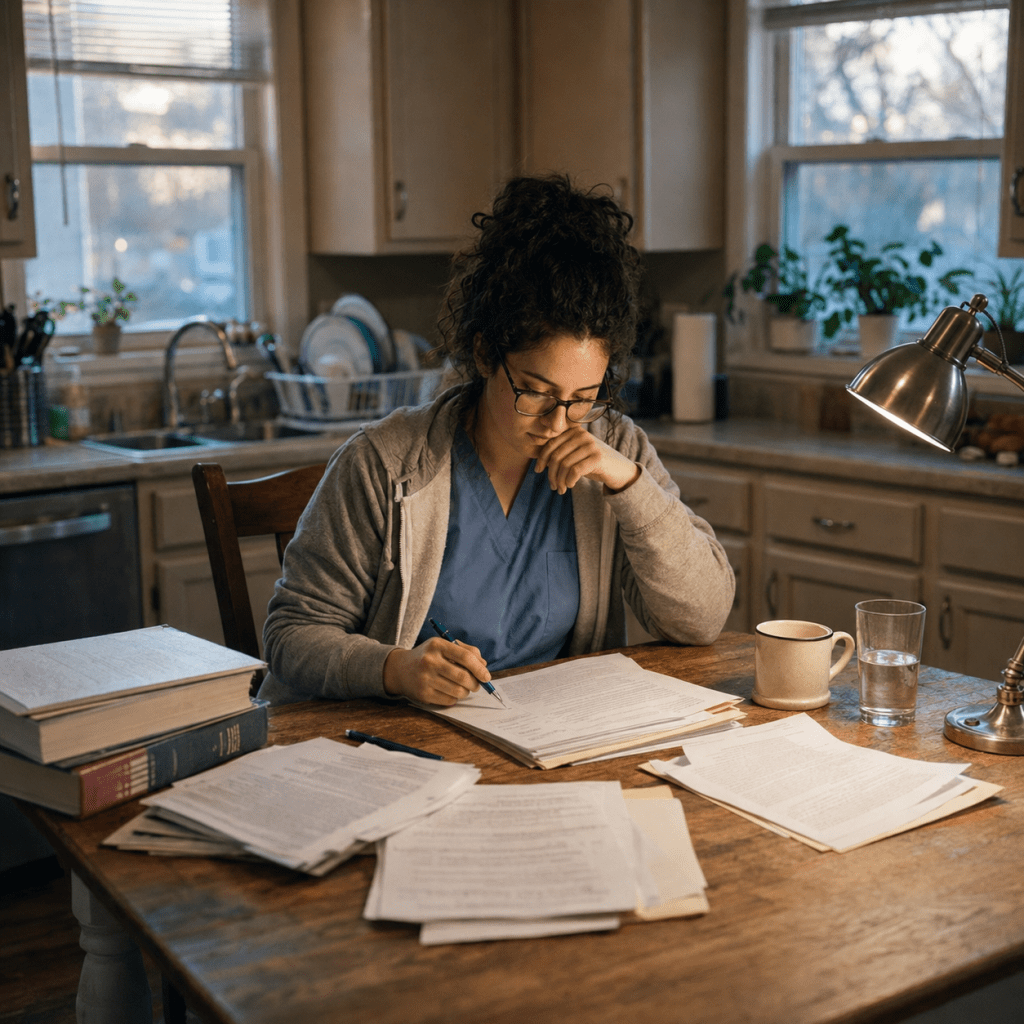 Healthcare student in scrubs reviewing financial aid paperwork at a kitchen table with textbooks, documents, and a lamp nearby.