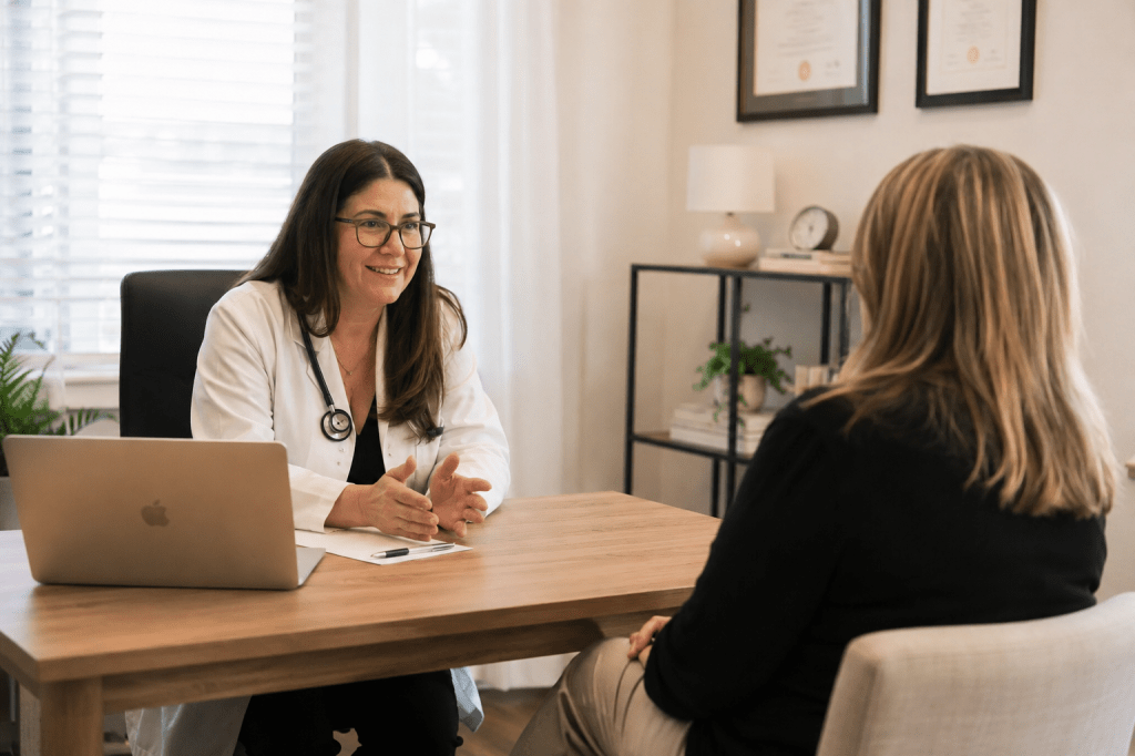 Female healthcare professional speaking with a patient during a private consultation