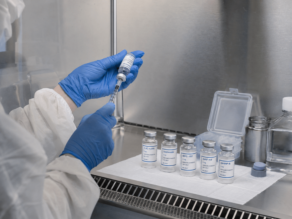 Lab technician preparing a peptide vial in a sterile compounding workspace.