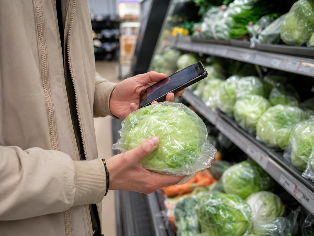 Shopper holding a head of iceberg lettuce while checking a smartphone in the grocery store produce section.