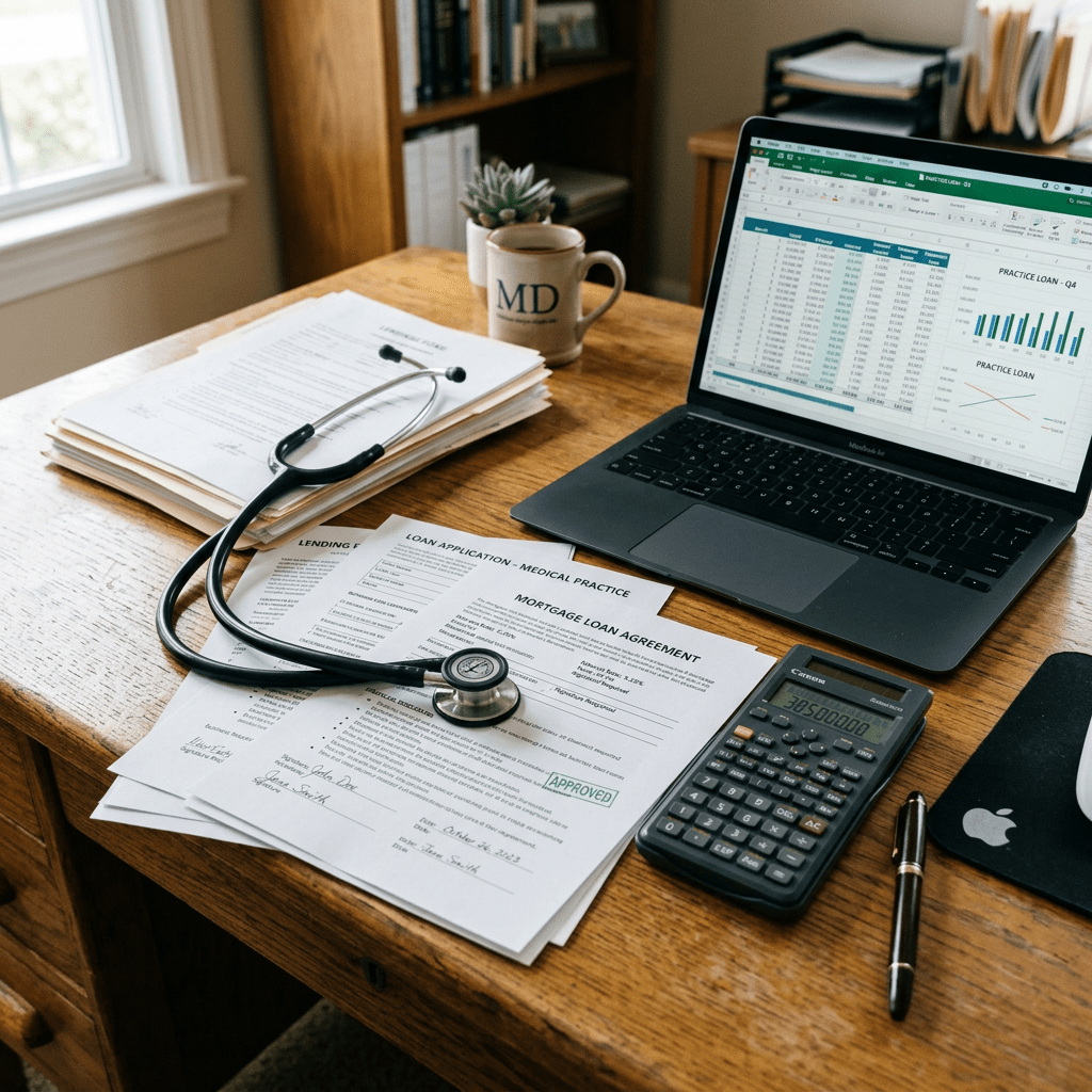 Medical loan application papers with stethoscope, calculator, and laptop displaying financial spreadsheets