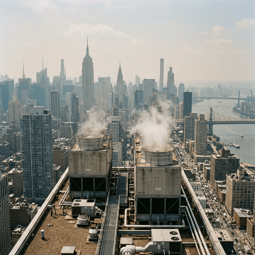 Rooftop HVAC units releasing steam with New York City skyscrapers including Empire State Building and Queensboro Bridge