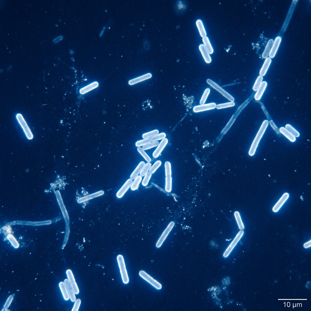 Fluorescent rod-shaped bacterial cells glowing blue on dark background