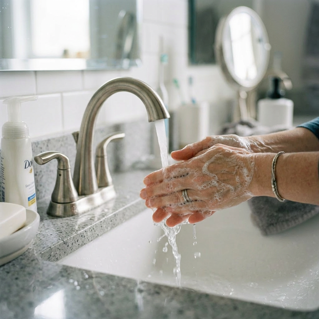 Person washing hands with soap at a sink, representing hand hygiene and infection prevention.