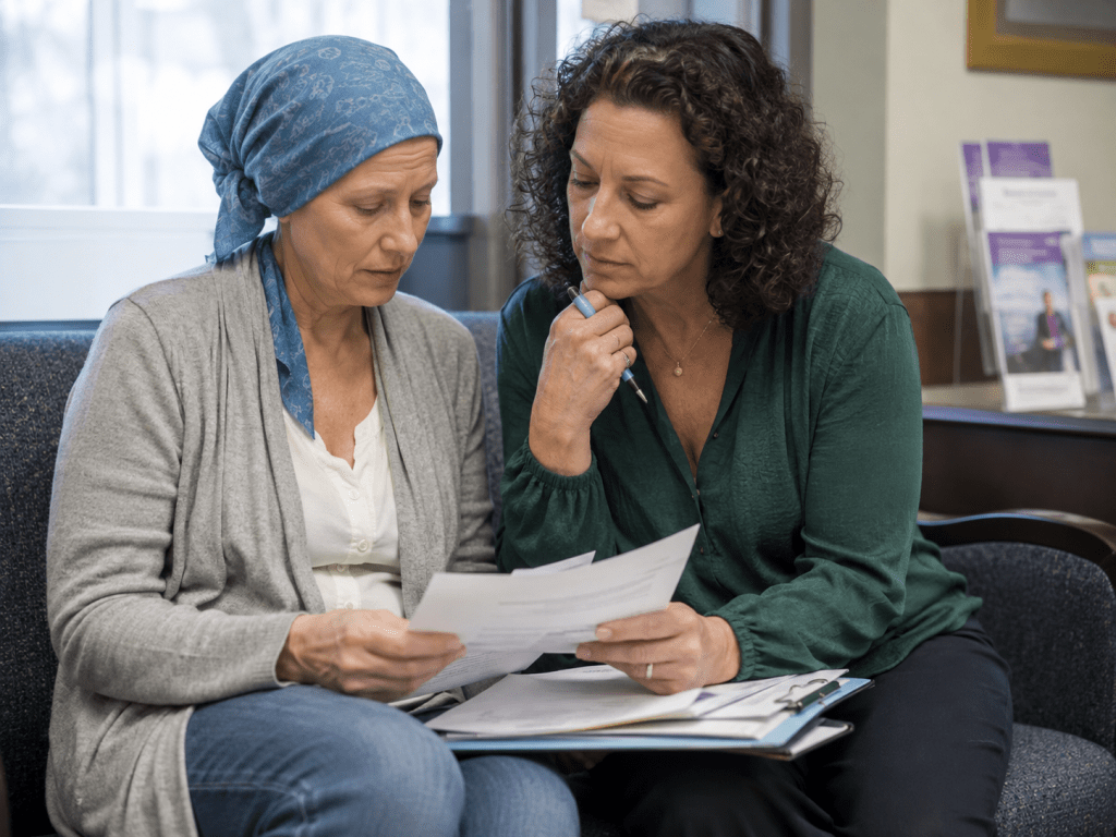 Patient and caregiver reviewing a written cancer care plan together after an oncology visit.